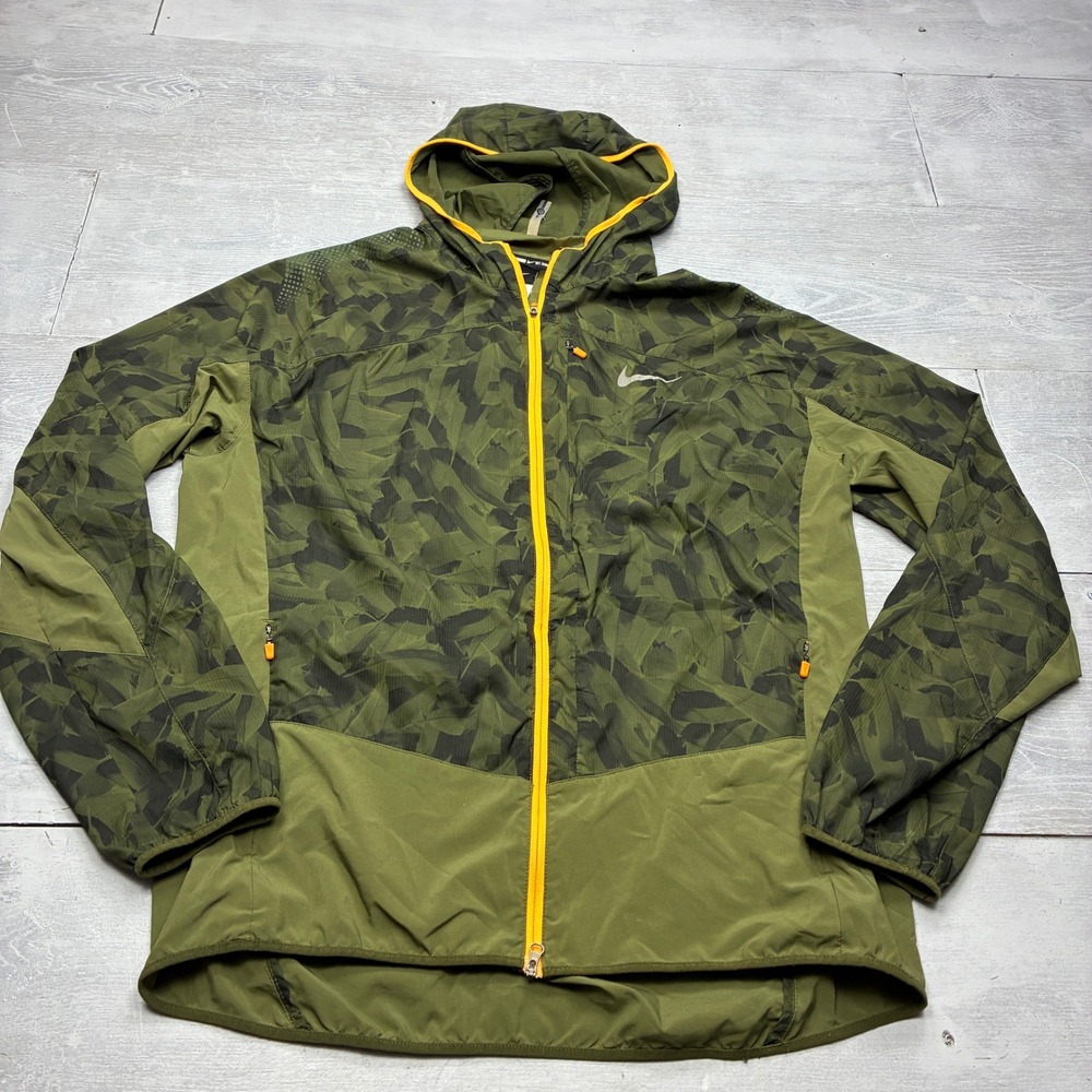 Nike Running Jacket Mens Large Green Camo Hooded Windbreaker Full Zip Reflective